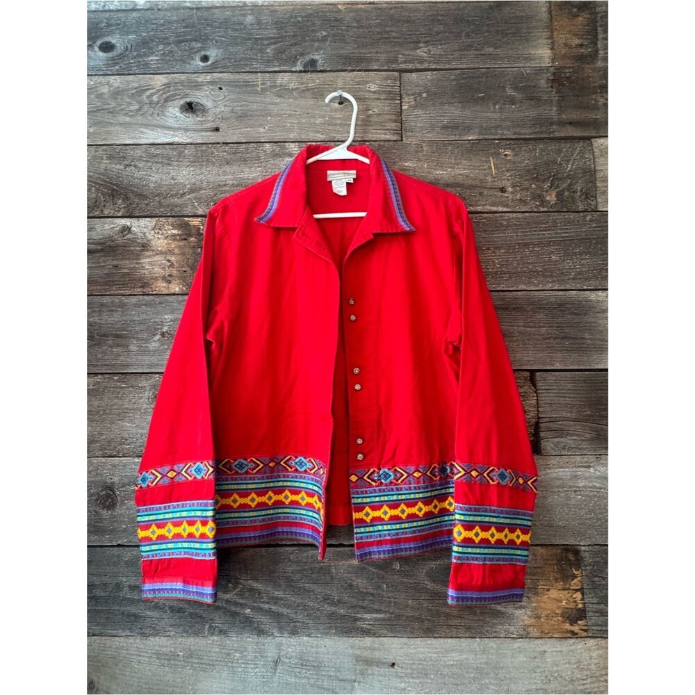 Coldwater Creek Red Jacket with Colorful Embroidered Border size medium